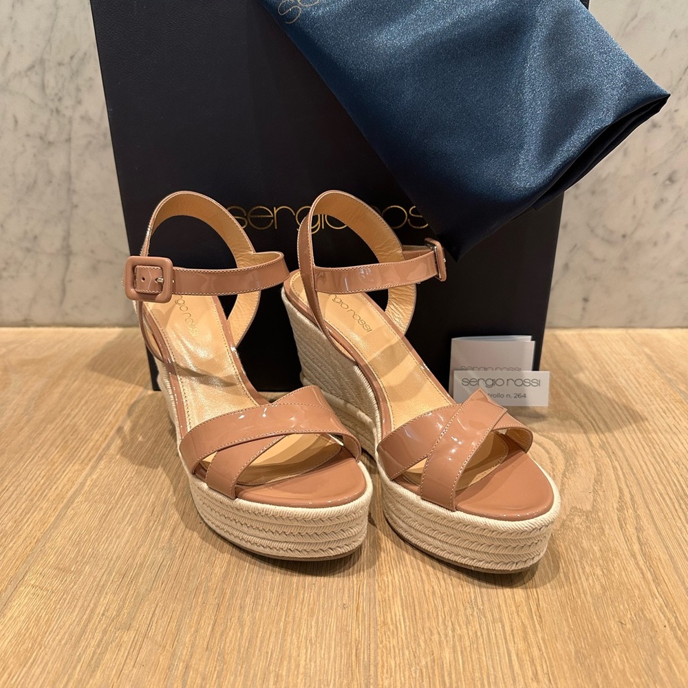 Sergio Rossi nude patent leather wedge sandals